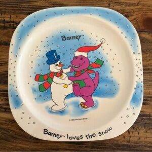 Barney Snowman Kids Plate - Blue and White Christmas Collectible Rare